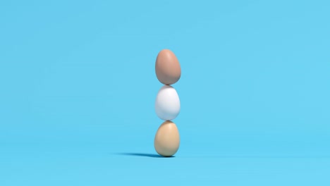 Stacked-natural-eggs-on-blue-background.-3D-Animation.