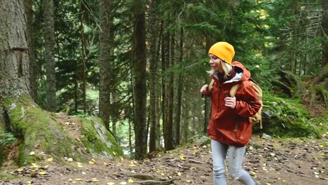 Schlankes-Mädchen-geht-den-Weg-nach-oben-in-den-Nadelwald