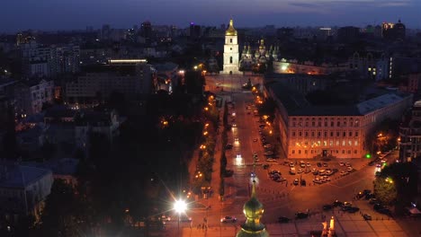 Aerial-view-of-St.-Michael's-Cathedral-and-St.-Sophia-Cathedral-at-night