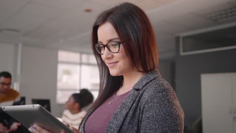 Porträt-einer-selbstbewusst-lächelnden-jungen-Geschäftsfrau-mit-Computer-Laptop-mit-ihrem-Business-Team-im-Hintergrund-im-Büro