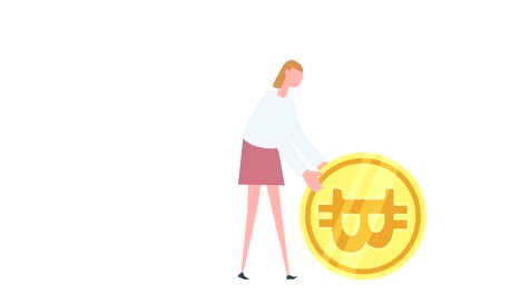 Flat-cartoon-colorful-woman-character-animation.-Girl-pushes-rolls-bitcoin-coin-situation