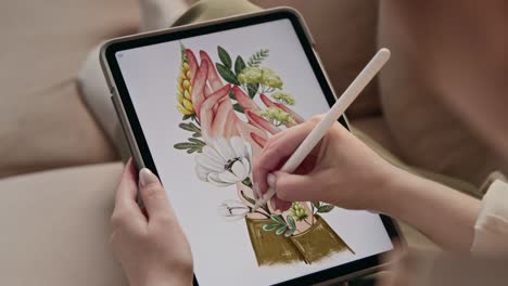 Künstler-Zeichnung-Pflanzen-zu-Hause-Zimmer-oder-Frau-mit-Tablet-und-Stift-für-digitale-Kunst