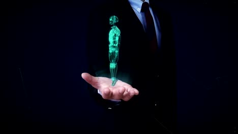 Businessman-open-palm,-Rotating-transparency-3D-robot-body,-X-ray-scan.