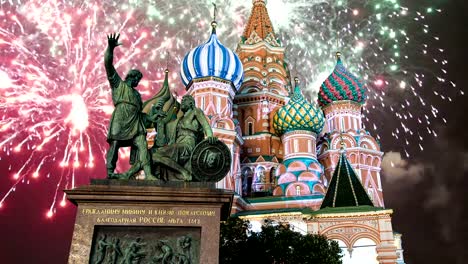 Cathedral-of-Intercession-of-Most-Holy-Theotokos-on-the-Moat-(-Temple-of-Basil-the-Blessed)-and-fireworks,--Red-Square,-Moscow,-Russia