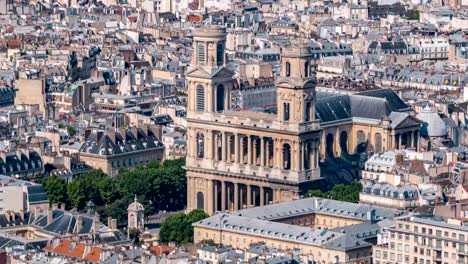 Top-view-of-Paris-skyline-from-observation-deck-of-Montparnasse-tower-timelapse.-Main-landmarks-of-european-megapolis.-Paris,-France