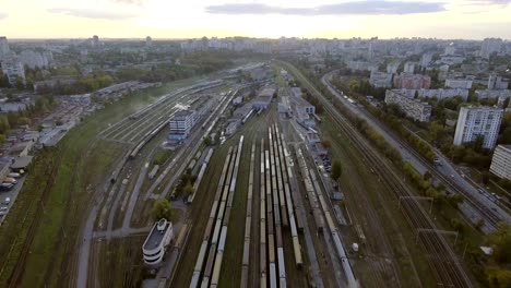 Aerial-view.-Trains-moving-out-from-platform-of-railway-station-Kiev,-Ukraine