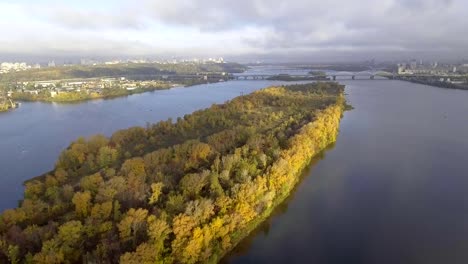 Flight-over-the-embankment-of-the-city-of-Kiev,-Ukraine