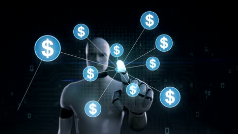 Robot,-cyborg-tocar-símbolo-de-moneda-del-dólar,-se-reúnen-numerosos-puntos-para-crear-un-signo-de-moneda,-puntos-hace-mundial-mapa,-internet-de-las-cosas.-technology.1-financieros.