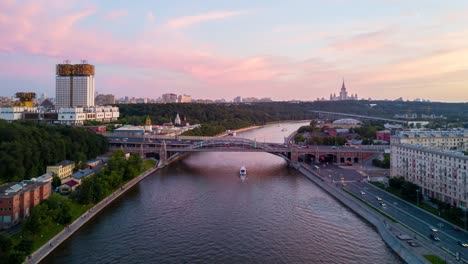 russia-sunset-sky-moscow-city-river-traffic-bridge-university-aerial-panorama-4k-time-lapse