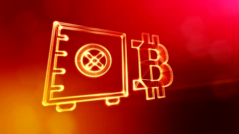 Sign-of-bitcoin-and-safe.-Financial-background-made-of-glow-particles-as-vitrtual-hologram.-Shiny-3D-loop-animation-with-depth-of-field,-bokeh-and-copy-space.-Red-color-v2