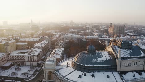 Cinematic-aerial-footage-of-opera-and-ballet-theatre-during-sunny-winter-day