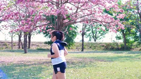 An-Asian-woman-jogging-in-natural-sunlight-in-the-morning.
She-is-trying-to-lose-weight-with-exercise.--concept-health-with-exercise.-Slow-Motion