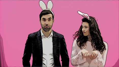 Young-couple-standing-standing-on-pink-background.-During-this-time,-they-are-dressed-in-rabble-ears.-Looking-at-each-other-smiles-sincerely.-Easter-Concept.-Animation.