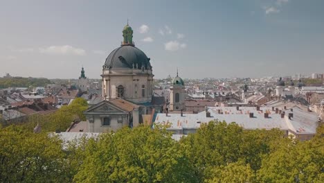 Aerial-City-Lviv,-Ukraine.-European-City.-Popular-areas-of-the-city.-Dominican