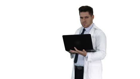 Doctor-showing-results-in-laptop-on-white-background