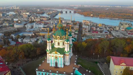 Fly-around-St.-Andrews-Church-in-Kiev,-Ukraine