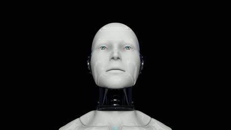 Active-humanoid-robot-on-a-black-background.-Artificial-intelligence.-The-camera-approaches-the-robot.-4K.-3D-animation.