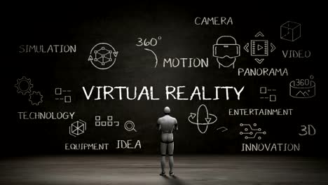 Pared-de-pie-de-robot,-concepto-de-escritura-de-la-'Realidad-Virtual'-en-la-pizarra.