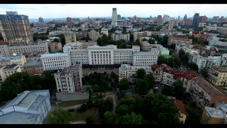 Presidential-administration-House-with-Chimeras-and-Ivan-Franko-Theater-urban-view-sights-of-Kyiv-in-Ukraine