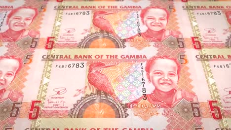 Banknotes-of-five-gambian-dalasis-of-Gambia-rolling,-cash-money,-loop