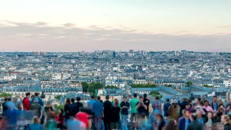 Panorama-of-Paris-timelapse,-France.-Top-view-from-Sacred-Heart-Basilica-of-Montmartre-Sacre-Coeur