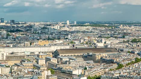 Panorama-von-Paris-Timelapse,-Frankreich.-Draufsicht-vom-Heiligen-Herzen-Basilika-des-Montmartre-Sacre-Coeur