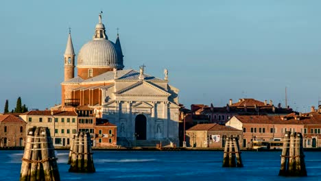 View-on-the-lagoon-of-Venice-with-Chiesa-church-del-Santissimo-Redentore-located-on-Giudecca-island-in-the-sestiere-of-Dorsoduro-timelapse