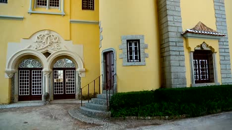 Architectural-design-of-landmark-building,-nice-bench-covered-in-tile-pieces