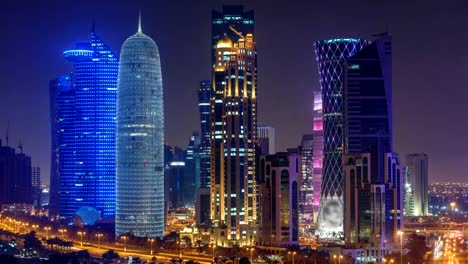 The-skyline-of-the-West-Bay-area-from-top-in-Doha-timelapse,-Qatar