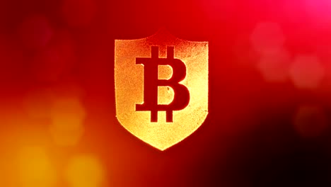 Bitcoin-insignia-dentro-de-la-pantalla.-Fondo-financiero-hecho-de-partículas-de-brillo-como-holograma-vitrtual.-Animación-loop-3D-brillante-con-la-profundidad-de-campo,-bokeh-y-copia.-Fondo-rojo-v1