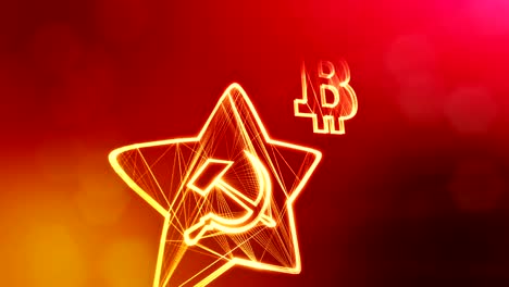 bitcoin-insignia-y-emblema-de-la-URSS.-Fondo-financiero-hecho-de-partículas-de-brillo-como-holograma-vitrtual.-Animación-loop-3D-brillante-con-la-profundidad-de-campo,-bokeh-y-copia.-V2-color-rojo