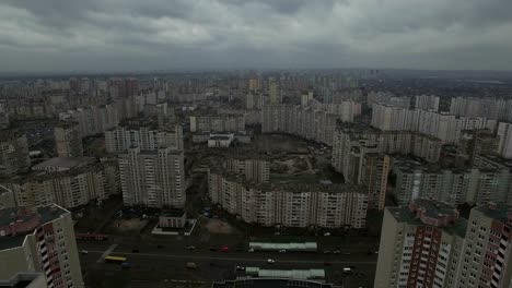 Aerial-drone-footage-of-gray-dystopian-urban-area-with-identical-houses