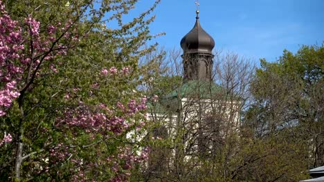 Blühenden-Baum-vor-dem-Hintergrund-der-orthodoxen-Kirche-am-Ostermontag