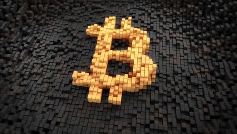 Close-up-shot-of-pulsating-blocks-forming-a-golden-bitcoin-sign