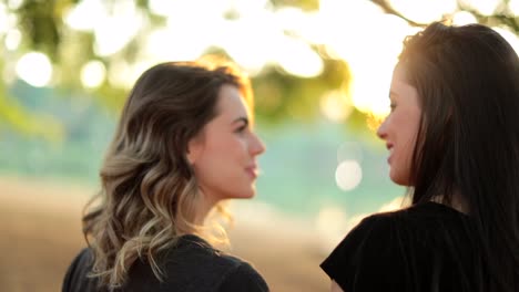 Pareja-femenina-LGBT-junto-en-el-parque-durante-la-puesta-de-sol-de-oro-hora