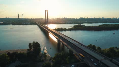 Aerial-drone-footage.-Fly-backward-south-bridge-in-kyiv-wide-shot