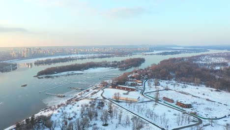 Aerial-view-of-Obolon-district-of-Kiev-city-in-winter,-Ukraine