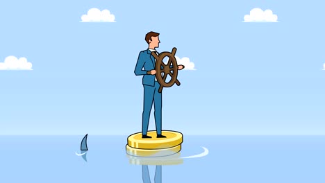 Flat-cartoon-businessman-character-with-helm-wheel-floating-on-dollar-coins-near-shark-businesss-control-concept-animation