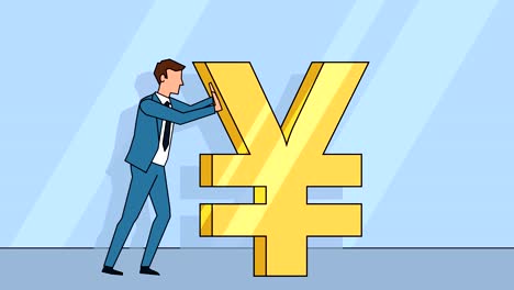 Flat-cartoon-businessman-character-pushes-a-yen-sign-money-concept-animation-with-alpha-matte