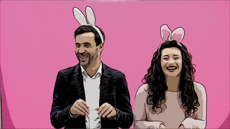 Young-beautiful,-tender-creative-pair-standing-on-a-pink-background.-At-the-same-time,-fooling-shows-the-movements-of-bunnies.-Dressed-in-a-hook-ears.-Easter.-Motions.