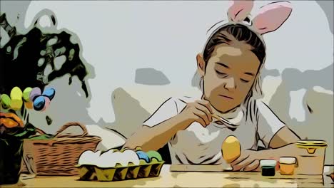 Little-playful-girl,-wearing-bunny-ears-on-her-head-is-choosing-an-a-red-colour-to-paint-an-egg-and-calmly-is-painting-an-Easter-egg.-Girol-has-painted-an-heart-on-it,-then-shows-a-gesture-of-love.