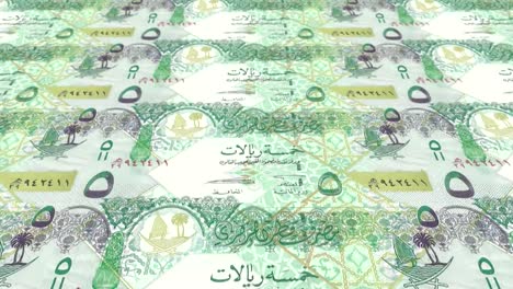 Banknoten-der-fünfzig-Qatar-Riyal-von-Qatar,-Bargeld,-Schleife