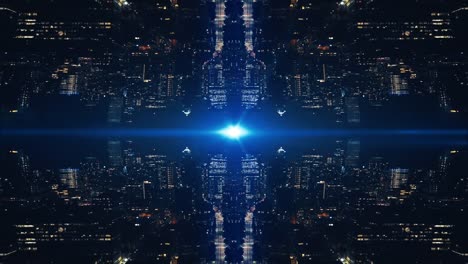 Futuristic-Tech-Background-Reflection-Mirror-of-City-Buildings-at-Night-Aerial