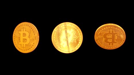 Set-of-rotating-golden-bitcoin-on-black-background-with-alpha-channel.