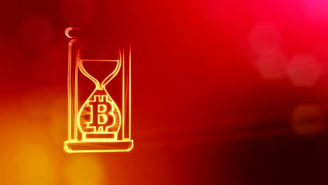 Signo-de-bitcoin-en-reloj-de-arena.-Fondo-financiero-hecho-de-partículas-de-brillo-como-holograma-vitrtual.-Animación-loop-3D-brillante-con-la-profundidad-de-campo,-bokeh-y-copia...-Fondo-rojo-v1