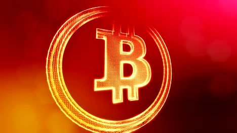 Bitcoin-Logo-auf-einer-Münze-von-Partikeln.-Finanzieller-Hintergrund-aus-Glühen-Teilchen-als-Vitrtual-Hologramm.-Glänzende-Schleife-3D-Animation-mit-Tiefe-Feld,-Bokeh-und-Kopie.-Roten-Hintergrund-v1