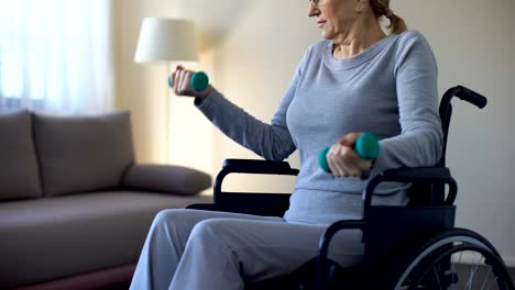 Athletic-grandmother-in-wheelchair-lifting-dumbbells-at-home,-keeping-fit,-sport