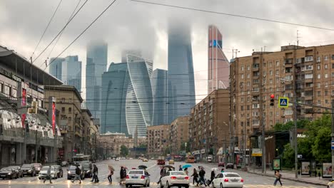 Moscow-city-skyline-timelapse-at-business-center-district,-Moscow-Russia-4K-Time-Lapse