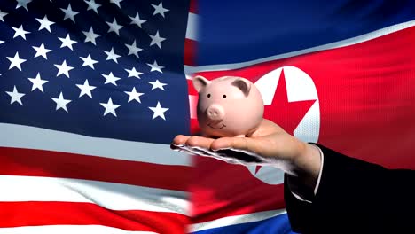 US-Investitionen-in-Nordkorea,-Hand,-Geld-im-Sparschwein-auf-Flagge-Hintergrund