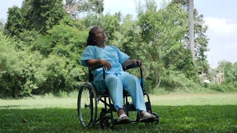 Lonely-disabled-elderly-woman-sitting-on-wheelchair-alone-in-the-park